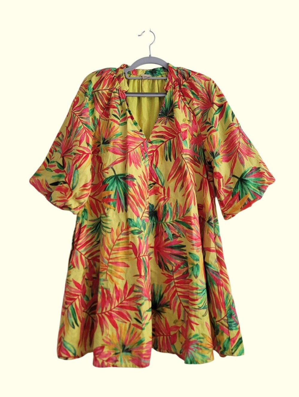 Magaschoni Linen Tropical Mini Dress Vacation Pockets Hawaii Island Leaf Bold